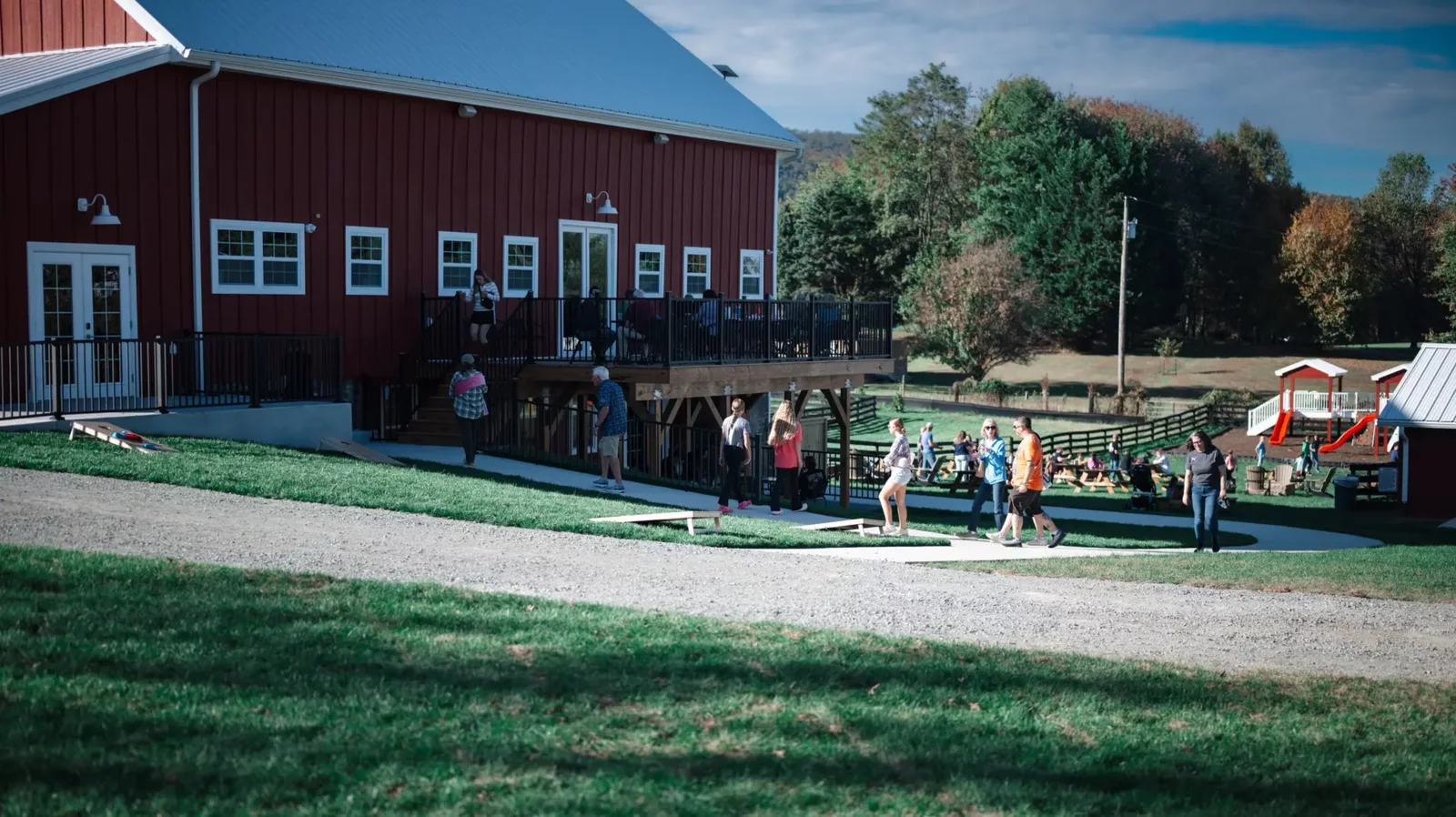 The red barn and lawn at Stockyard Brewery in the Lovettsville, Virginia countryside.